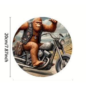 Metal Sasquash on a Motorcycle Round Sign for home, gift, or garage